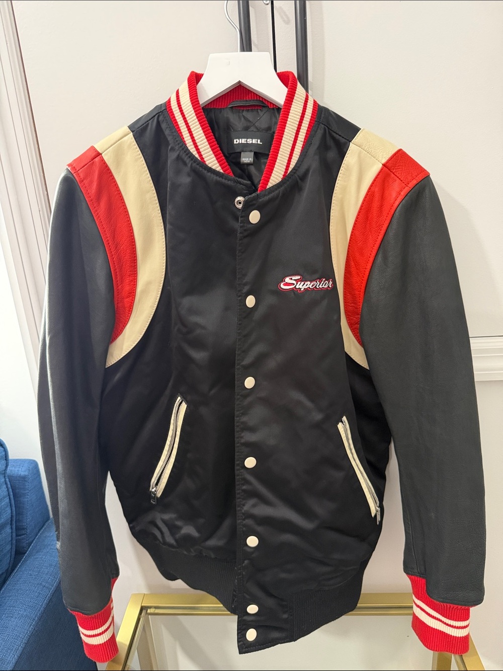 Diesel Black Red Cream Varsity Bomber Jacket